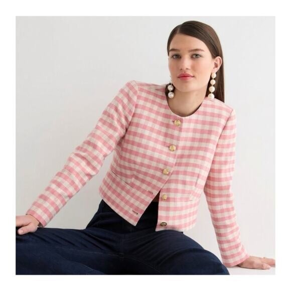 J. CREW Louisa Lady Jacket in Pink Gingham Terry Tweed Size 8 - Picture 1 of 12